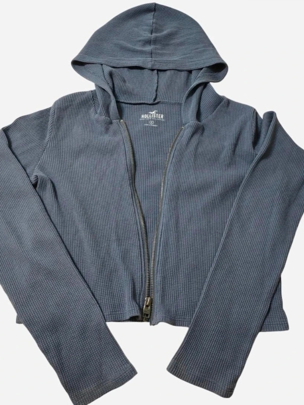 Hollister Blue Hooded Waffle-Knit Zip Jacket